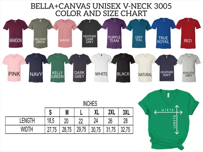 The image is a color and size chart for a collection of t-shirts, including various colors and sizes.