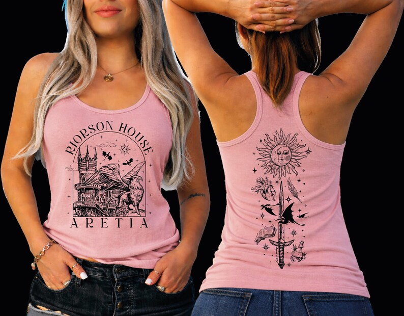 a woman wearing a pink tank top with a graphic design on the front and back.