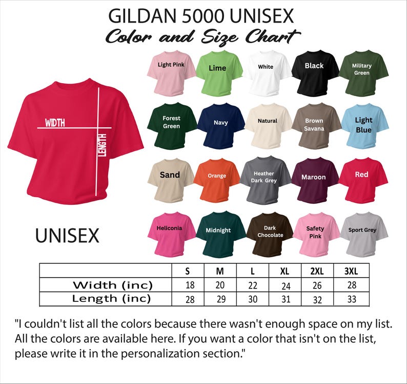 gilan 5000 unisex color and size chart