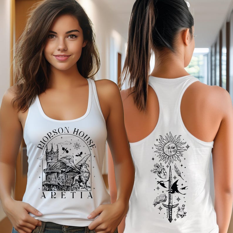 A woman wearing a white tank top with a graphic design on the front and a back view of the same design.
