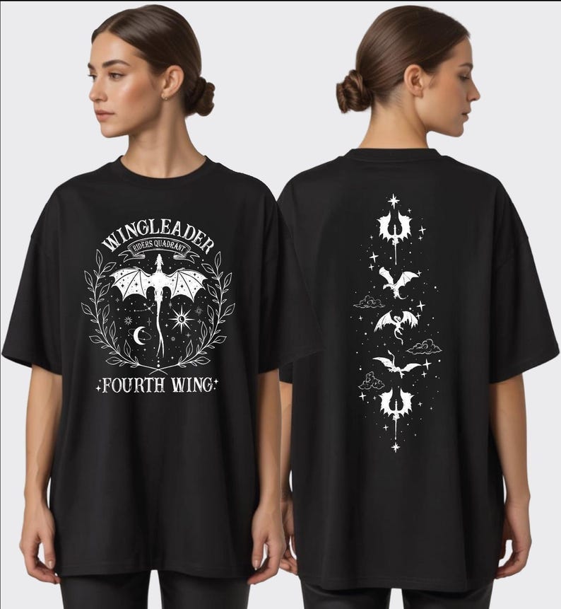 A woman wearing a black t-shirt with a graphic design featuring a dragon and the text "WINGLEADER" and "FOURTH WING".