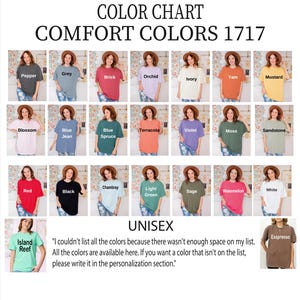 The image is a color chart displaying various comfort colors, including Pepper, Grey, Orange, Yellow, Mustard, and more. The chart is organized into a grid with four rows and five columns, each containing a different color. The colors are Pepper, Grey, Orange, Yellow, Mustard, and others. The chart also includes a section for the "UNISEX" color, which is a list of colors that are available but not on the original color chart.