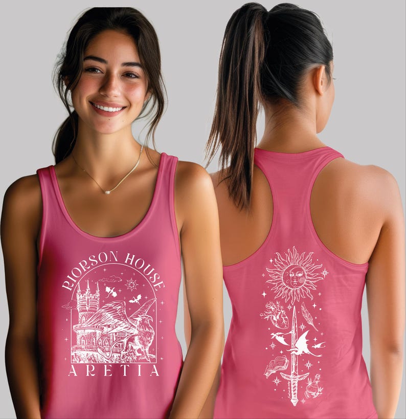 A woman wearing a pink tank top with a graphic design on the front and back.