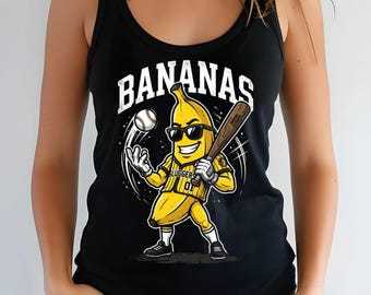 Funny Baseball V-Neck, Banana Mascot Racerback Tank Top, Retro Game Day Shirt