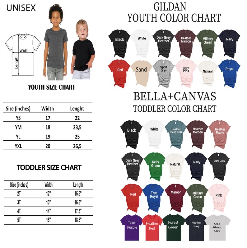 The image is a collage of various children's clothing items, including t-shirts, t-shirts, and t-shirts, along with size charts and color charts.