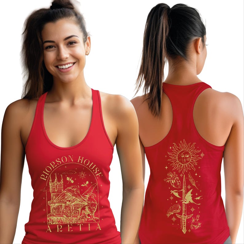 A smiling woman wearing a red tank top with a graphic design on the front and back.