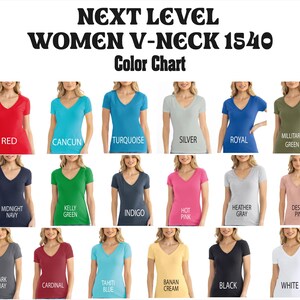 The image is a color chart featuring various women's v-neck tops in different colors, including red, blue, green, silver, royal, military green, midnight navy, kelly green, indigo, hot pink, heather grey, desert pink, black, and white.