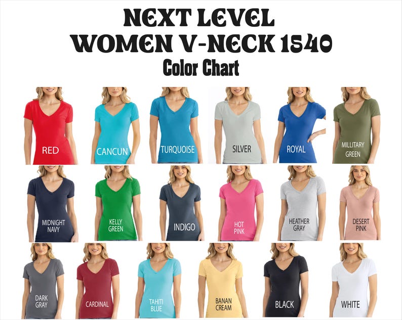 The image is a color chart featuring various women's v-neck tops in different colors, including red, blue, green, silver, royal, military green, midnight navy, kelly green, indigo, hot pink, heather grey, desert pink, black, and white.