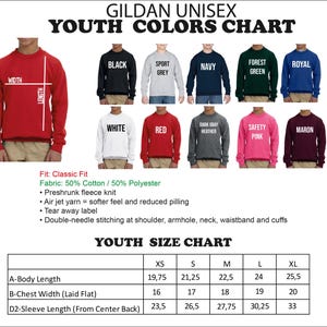 The image is a youth colors chart and youth size chart, which provide information on the different colors and sizes of GILDAUN UNISEY youth shirts.
