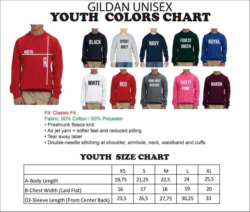 The image is a youth colors chart and youth size chart, which provide information on the different colors and sizes of GILDAUN UNISEY youth shirts.