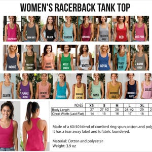 The image is a collage of various women's tank tops in different colors and styles, along with a table of measurements and a description of the tank top.