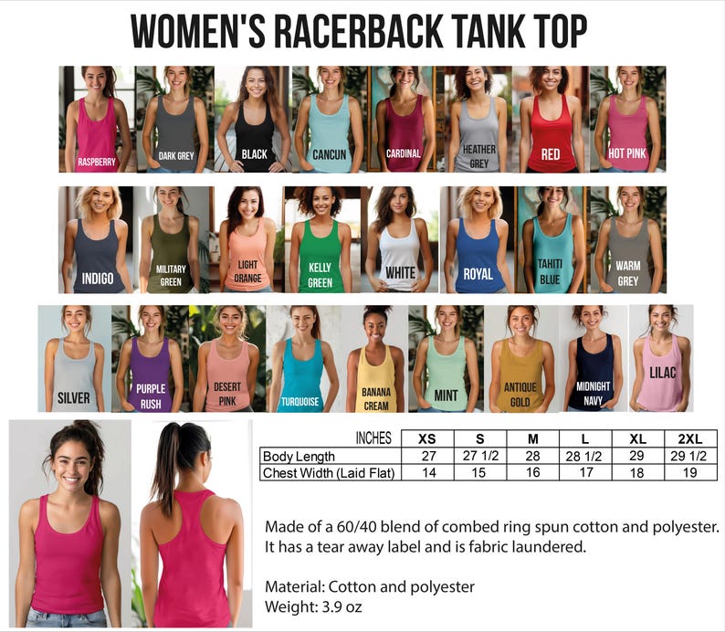 The image is a collage of various women's tank tops in different colors and styles, along with a table of measurements and a description of the tank top.