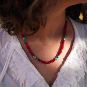 Handmade Red Coral and Turquoise Necklace, Boho Chic Statement Jewelry, Colorful Natural Stone Necklace, Mother&#39;s Day Gift