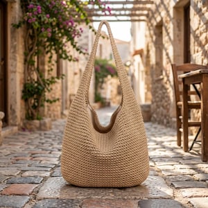 Patrón de ganchillo para bolso en forma de media luna, bolso de hombro tipo hobo tejido, descarga instantánea en PDF, inglés, francés, alemán, español, portugués