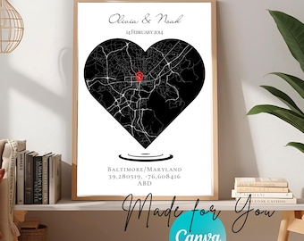 Custom Heart Map Location Print, Personalized Couple Map Poster, Gift