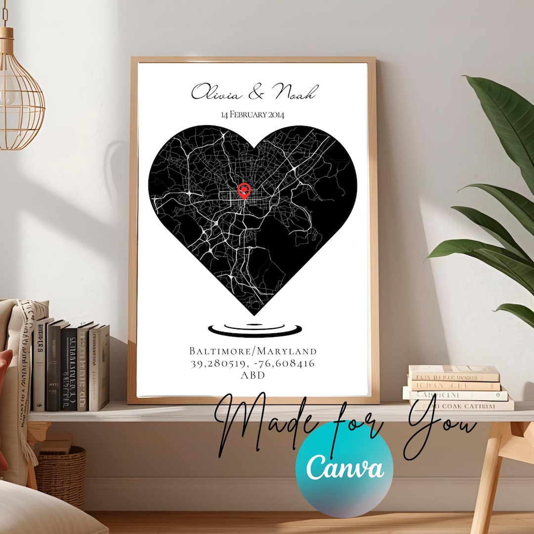 Custom Heart Map Custom Heart Map Location Print, Personalized Couple Map Poster, Gift ...