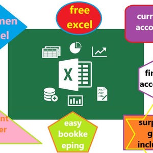 Könnte beinhalten: Ein grüner Hintergrund mit einem weißen Microsoft Excel-Symbol. Das Symbol ist von anderen Symbolen umgeben, darunter ein Kreisdiagramm, ein Balkendiagramm und eine Tabellenkalkulation. Der Text "free excel" ist rot, "solamen excel" ist blau, "current account" ist lila, "financial accounting" ist lila, "account tracker" is in pink, "easy bookkeping" ist grün, und "surprise gift included" ist orange.