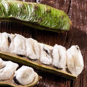 May include: Close-up of a split open green fruit pod revealing white, fluffy seeds. The pod is lying on a dark brown wooden surface.