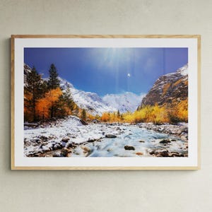 Autumn Mountain Stream Photography Print | Scenic Landscape Wall Art with Snow-Capped Peaks and Fall Foliage