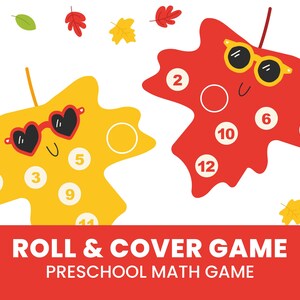 May include: A preschool maths roll and cover game featuring a yellow leaf with heart-shaped sunglasses and numbers 1, 3, 5, 9, 11, and a red leaf with round sunglasses and numbers 2, 6, 8, 10, 12. The text reads ROLL & COVER GAME PRESCHOOL MATH GAME.