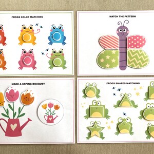 K&ouml;nnte beinhalten: Vier druckbare Aktivit&auml;tskarten f&uuml;r Kinder mit bunten Fr&ouml;schen, einem Schmetterling, Blumen und einer Gie&szlig;kanne. Die Karten beinhalten Aktivit&auml;ten wie Farbzuordnung, Formenzuordnung und Musterzuordnung.