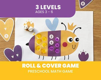 Bienenrolle und Cover Mathe-Spiel, Frühling zum Ausdrucken, Vorschule Zählaktivität (digitaler Download)