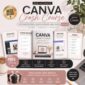 Peut inclure: Image promotionnelle pour un cours intensif Canva, avec une couverture de livre et un graphique d'ordinateur portable. L'image comprend du texte sur l'apprentissage, la création et le profit, avec une offre de bonus gratuite et des tutoriels vidéo étape par étape.