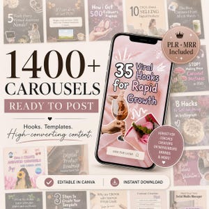 Pode incluir: Imagem de produto de marketing digital com um tema rosa e branco. A imagem promove mais de 1400 carrosséis prontos para postar, 35 ganchos virais para crescimento rápido e inclui modelos Canva editáveis. O texto "PLR.MRR Included" também está incluído.