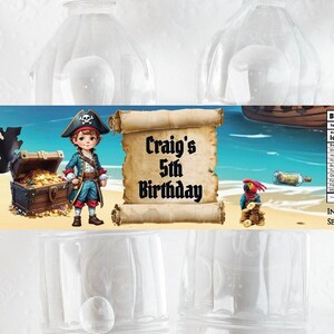 Pirate Water Bottle Label Editable Printable Boy Favor Digital Template Black Gold Treasure Chest Birthday Party Brown Hair PBBRO1WB