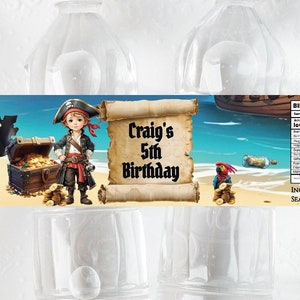 Pirate Water Bottle Label Editable Printable Boy Favor Digital Template Black Gold Treasure Chest Birthday Party Blonde Hair PBBLO1WB
