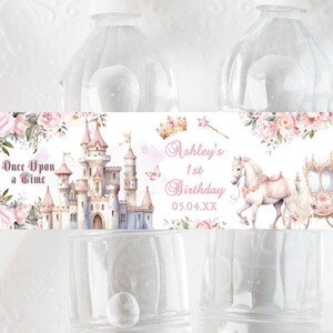 Once Upon a Time Birthday Water Bottle Label, Editable Printable Princess Favor Digital Template, Pink Fairytale Castle Party PPOUAT1WBL