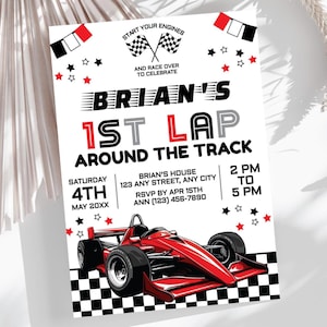 May include: A racing-themed invitation with a red race car illustration. The invitation reads "Brian's 1st Lap Around the Track" with event details including date, time, and RSVP information. The design includes checkered flags and stars.