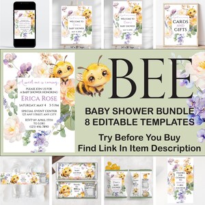 Peut inclure: Ensemble de baby shower avec 8 modèles modifiables. Le design présente une illustration d'abeille mignonne avec des accents floraux. Comprend des invitations, des panneaux de bienvenue et des cartes. La palette de couleurs comprend le jaune, le violet et le blanc.