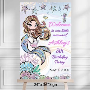 Mermaid Birthday Welcome Sign Editable Party Printable Poster Girl Template Pink Purple Glitter Under the Sea Brown Hair MBRO1WS24x36