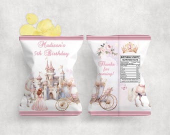 Princess Birthday Chip Bag, Editable Printable Party Favor Digital Template, Fairytale Castle Royal Girl Red Hair Goody Bag PPRED1CB