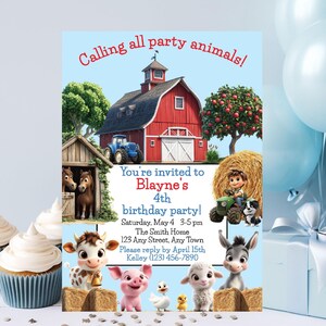 Boy Birthday Farm Animals Invitation, Editable Printable Barnyard Animals Party Invite Digital Template, Cute Ranch Farmboy Invite BBFA1