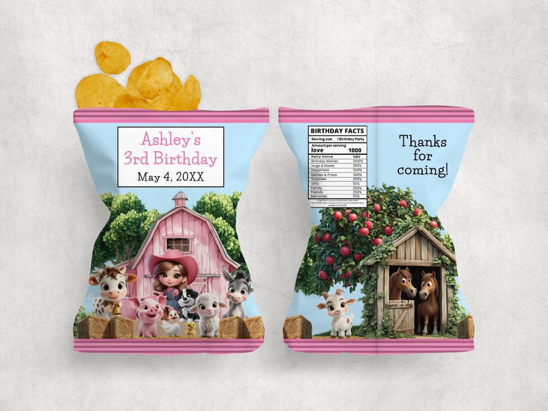 Girl Birthday Farm Animals Chip Bag, Editable Printable Barnyard ...