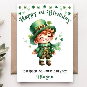 Boy Birthday St. Patrick&#39;s Day Card, Editable Printable Leprechaun Bday Card Digital Template, Green Lucky Irish Greeting Card SPDBBC1