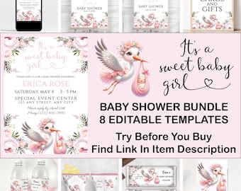Könnte beinhalten: Ein Babyparty-Bundle mit acht editierbaren Vorlagen. Das Design zeigt einen Storch, der ein Baby in einem rosa Bündel trägt, umgeben von floralen Elementen. Enthält Einladungen, Schilder und Wasserflaschenetiketten.
