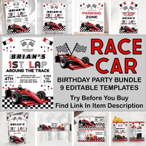 Può includere: Un set di forniture per feste di compleanno a tema auto da corsa. I disegni presentano un'auto da corsa rossa, bandiere a scacchi e il testo "Brian's 1st Lap Around the Track." Include inviti, cartelli ed etichette.