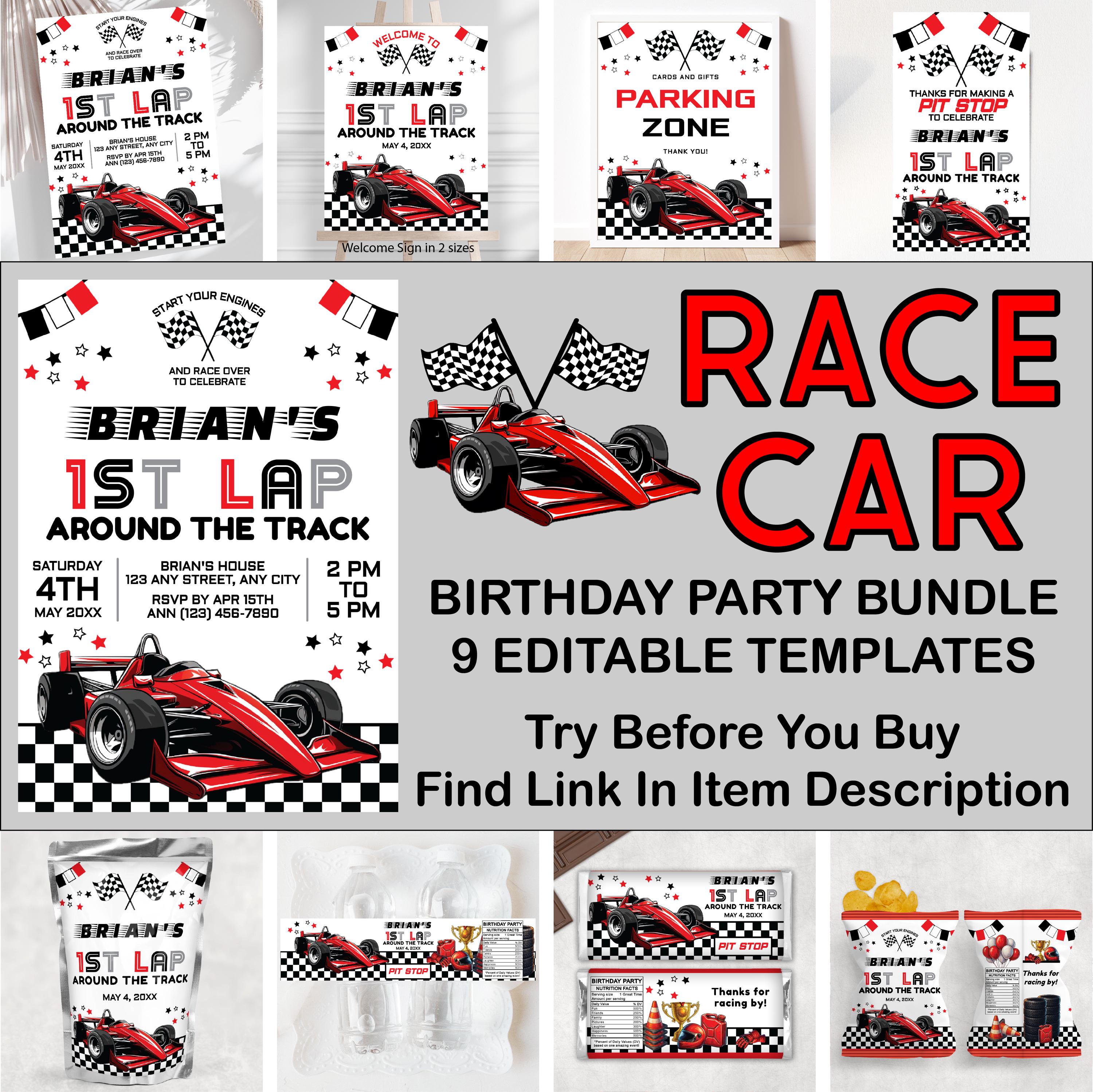 Racecar Birthday Bundle, Editable Printable Racing Party Package ...
