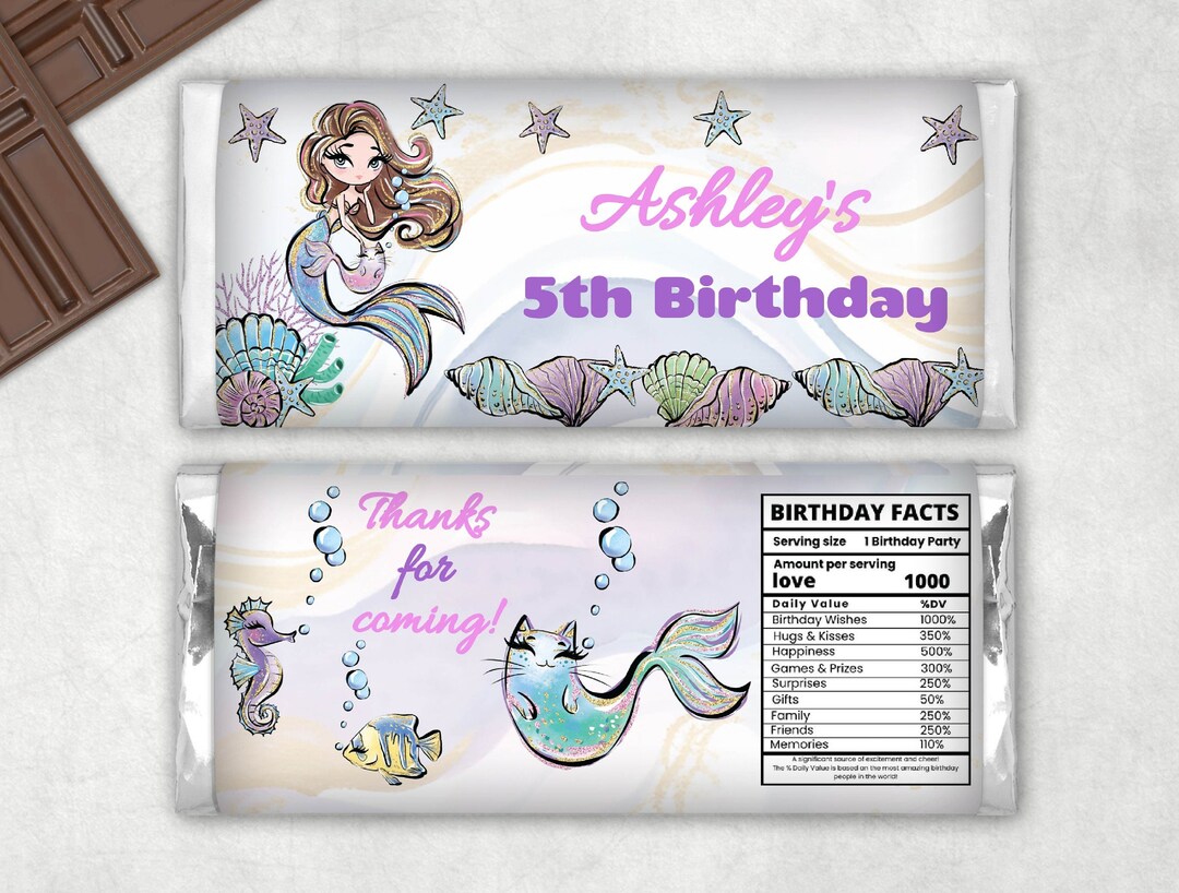 Mermaid Birthday Chocolate Bar Wrapper Editable Printable Girl Favor ...