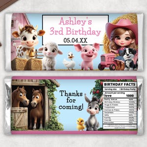 Girl Birthday Farm Animals Chocolate Bar Wrapper, Editable Printable Barnyard Animals Party Favor Digital Template, Farmgirl Label GBFA1CBW