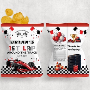 May include: A bag of potato chips with a racing theme. The bag features a red race car, checkered flags, and the text "Brian's 1st Lap Around the Track." Includes the date May 4, 20XX. The other side has balloons, tires, and the text "Thanks for racing by!"