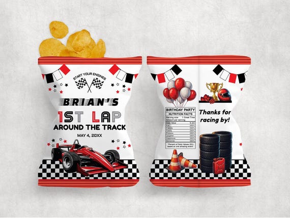 Racecar Birthday Chip Bag, Editable Printable Racing Goody Bag Digital Template, 1st Lap Around The Track Party Treat Bag RRB1CB