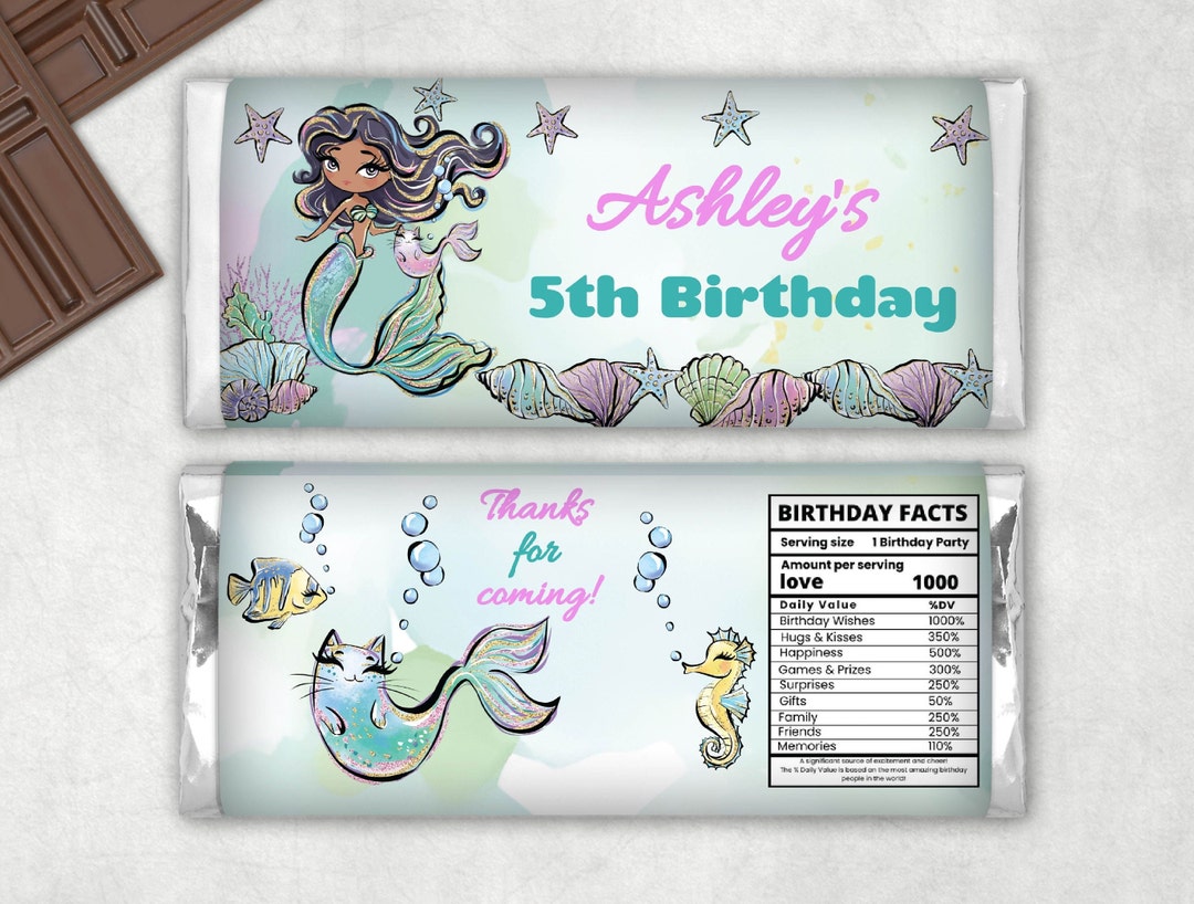 Mermaid Birthday Chocolate Bar Wrapper Editable Printable Girl Favor ...