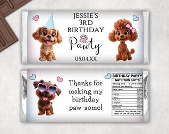 Puppy Chocolate Bar Wrapper, Editable Printable Dog Birthday Party Favor Digital Template, Birthday Pawty Candy Bar Label PLP1CBW