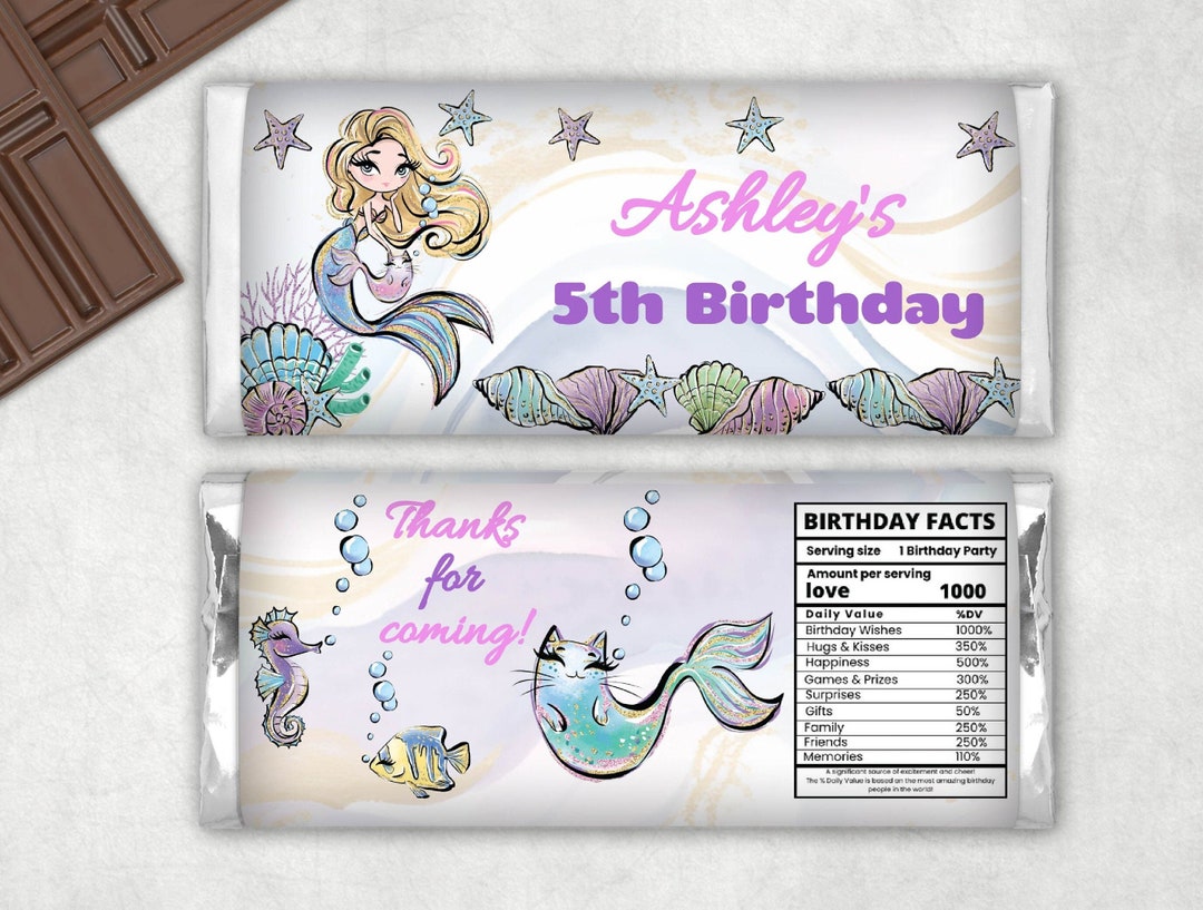 Mermaid Birthday Chocolate Bar Wrapper Editable Printable Girl Favor ...