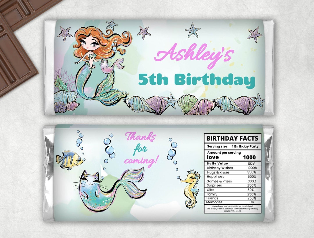 Mermaid Birthday Chocolate Bar Wrapper Editable Printable Girl Favor ...