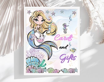 Letrero editable para fiesta de cumpleaños de sirena, plantilla imprimible para niña, rosa, morado, purpurina, bajo el mar, cabello rubio, tarjetas y regalos MBLO1CAGS8x10